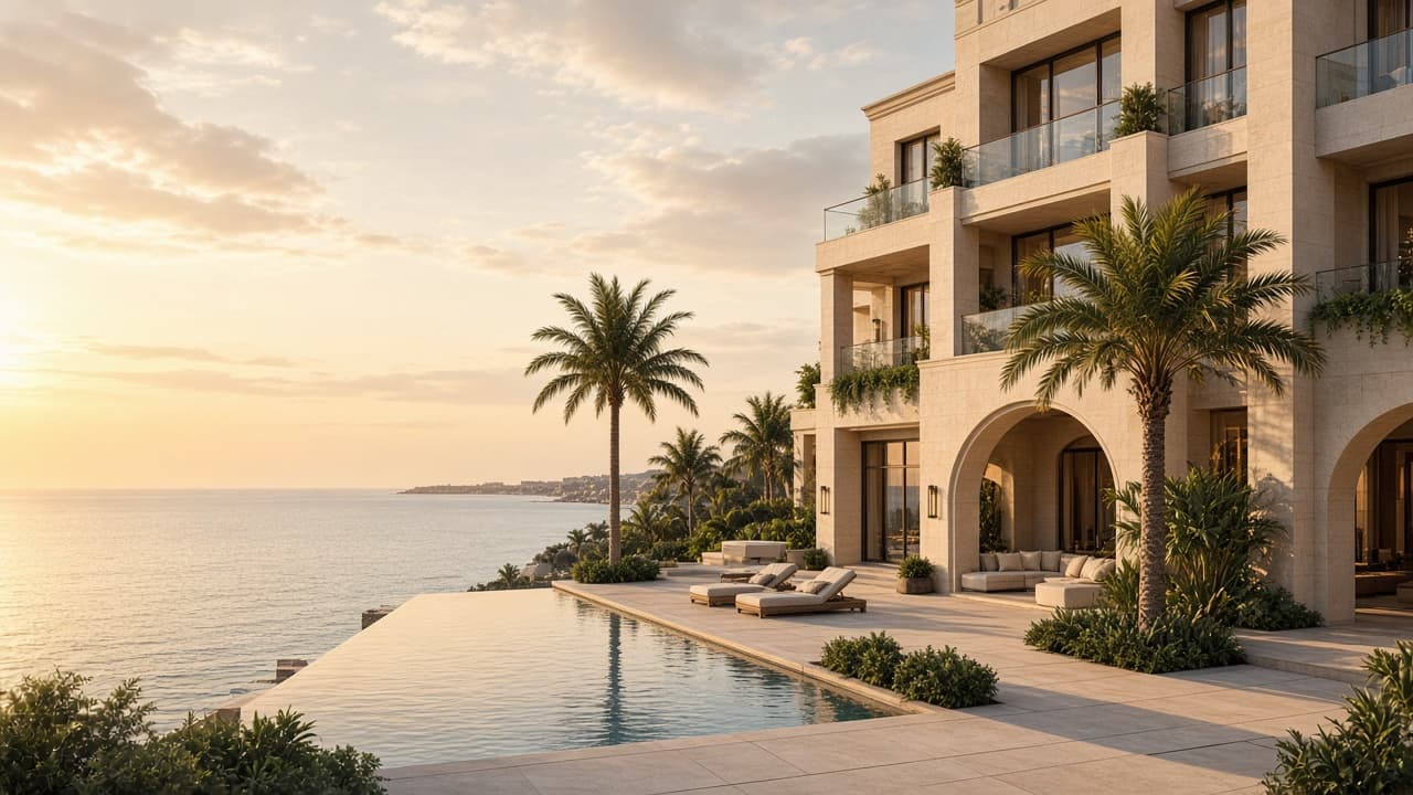 Waterfront luxury residences on Saadiyat Island at golden hour